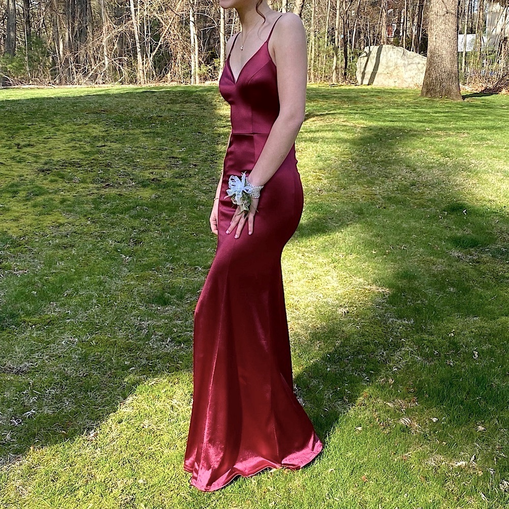Red Satin Formal Dress, Open Back Mermaid Fit  Bridesmaid Prom Gown